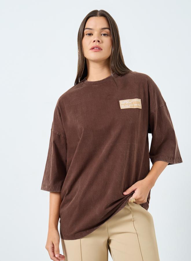 Styli Brown Oversized Washed T-Shirt with Badge Detail - Image 1